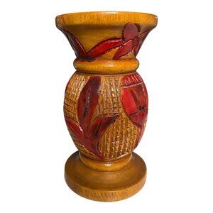 Hand-Carved Central American Wood Shallow Bud Vase – Red Floral Relief – Small R
